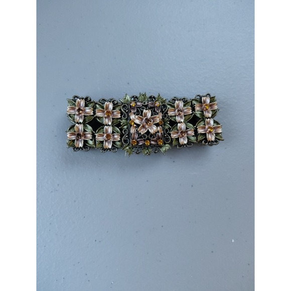 The Unbranded Brand Jewelry - Vintage 1980s Enamel On Bronze Floral Flower Open Panel Link Bracelet Fairy Chic